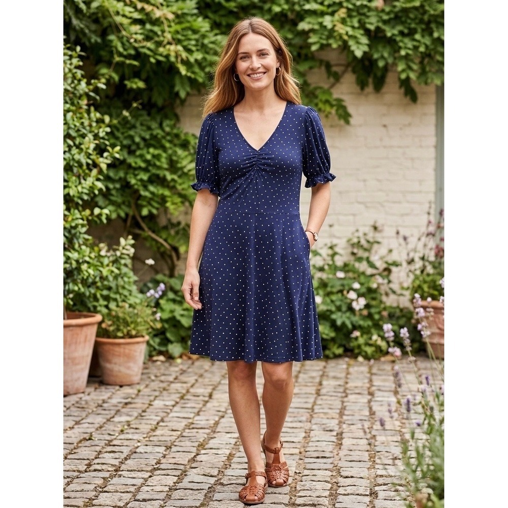 Boden Navy Blue Polka Dot V-Neck Puff Sleeve Jersey Dress US 14R D0136